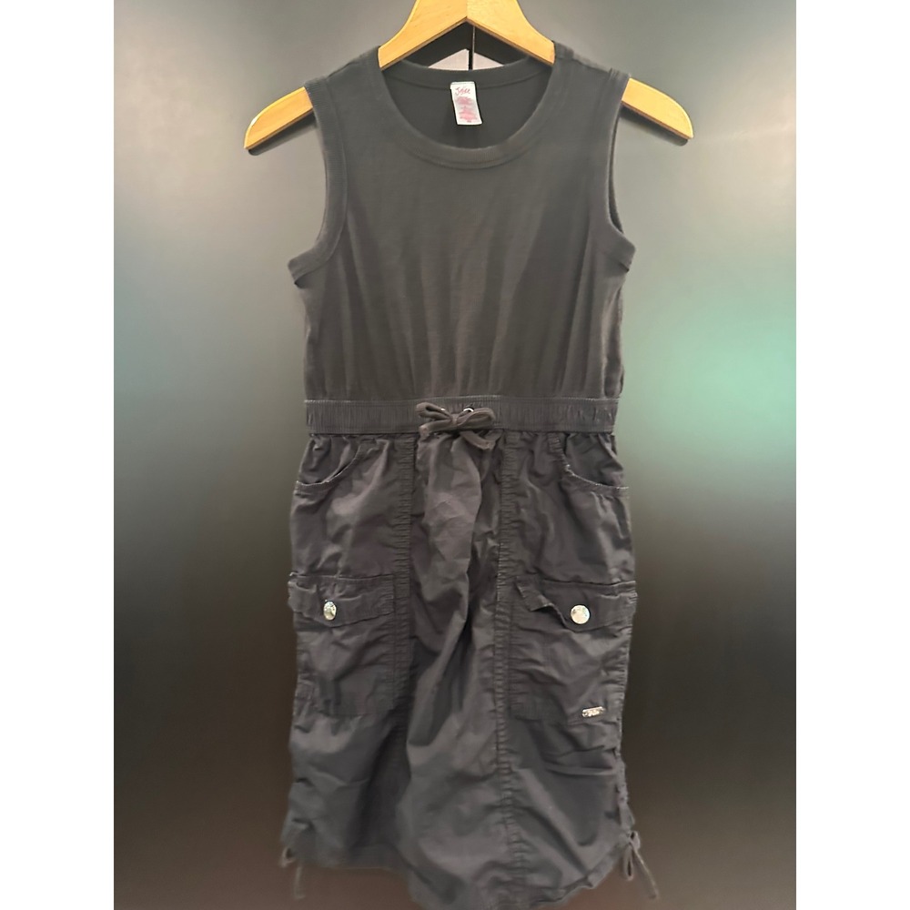 Justice Girls Black Cargo Dress Sleeveless Ribbed Knit Utility Pockets 12/14 L